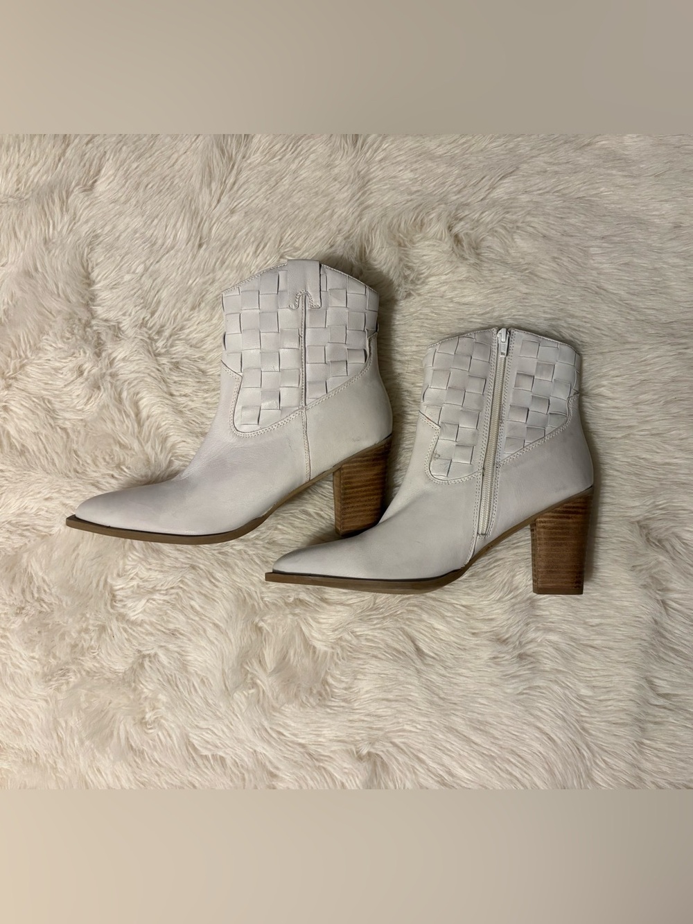 Matisse Ivory Woven Ankle Boots with Stacked Heel